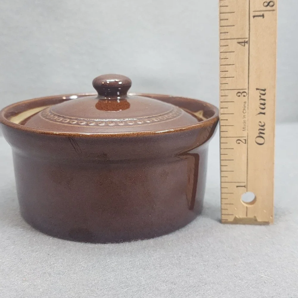 Pearsons of Chesterfield Lidded Crock Brown Beaded Stoneware England Small 5in